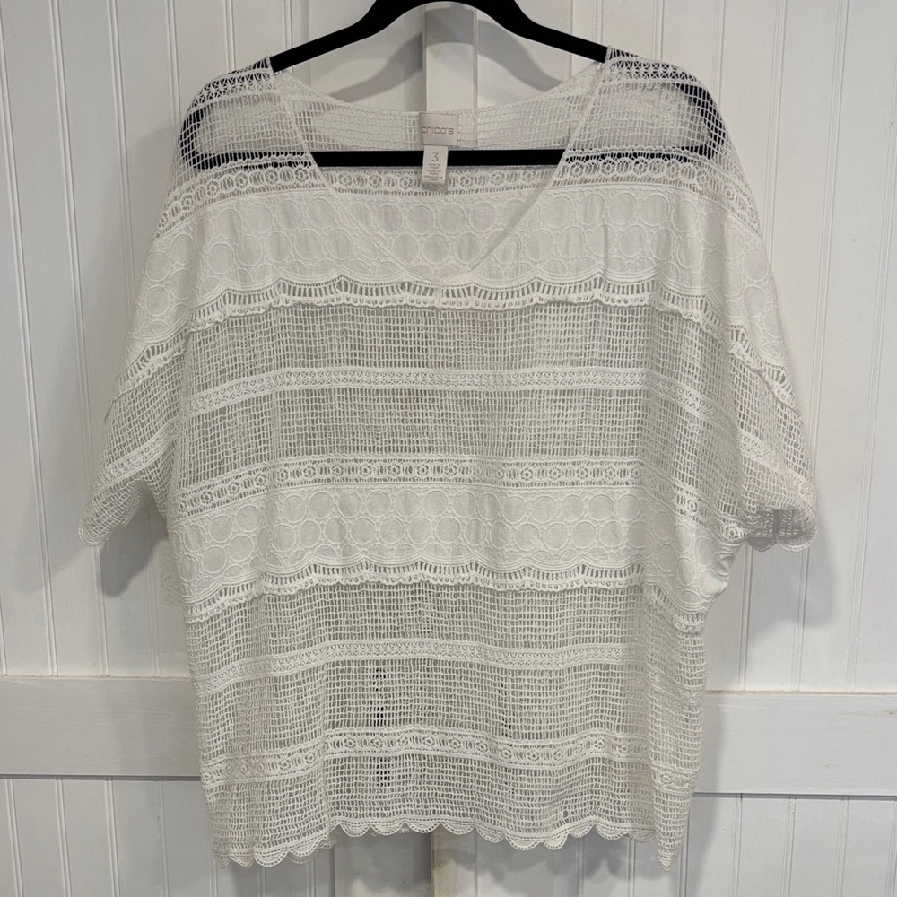 Chico's White Lace, short sleeved, coverup/top size 3